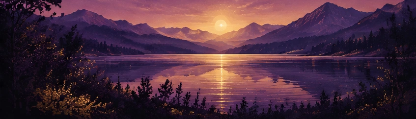 Purple mountains and woodland reflected in a lake beneath a golden evening sky